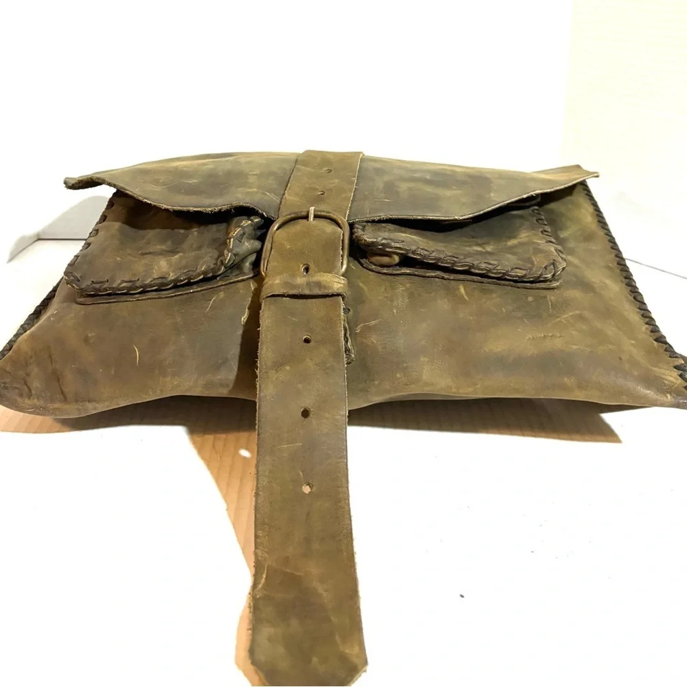 Vintage unisex Olive distressed Leather Messenger Bag